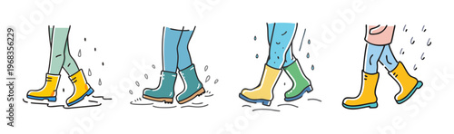 Feet in colorful rain boots splashing in puddles during rainy weather