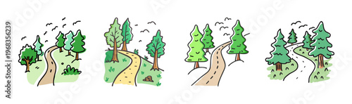 Four scenic forest paths winding through trees with birds flying overhead.