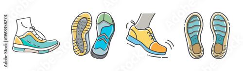 Detailed view of athletic shoes, including soles and side profiles