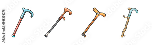 Four different styles of walking sticks and canes for support
