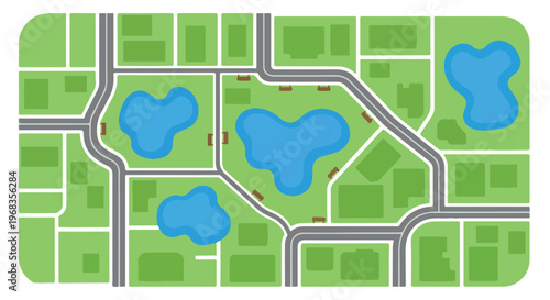 Flat city park map vector, aerial view of green urban garden with blue ponds and roads, top down landscape design for navigation and planning isolated PNG with Transparent Background