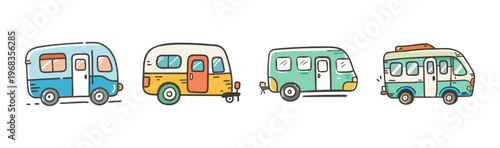 Cute cartoon RV campers and caravans for road trip and travel adventures.