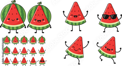 Cute watermelon cartoon characters vector set with funny expressions and poses kawaii fruit mascot collection for summer stickers food design and kids projects