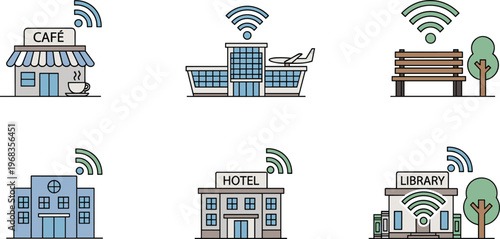 Public WiFi Location Icon Set with Cafe, Airport, Park, Hospital, Hotel, and Library Outline Illustrations