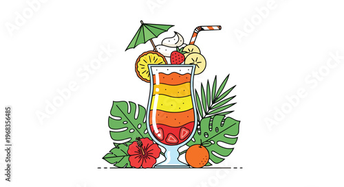 Vibrant layered tropical cocktail adorned with fresh fruits, a miniature umbrella, and lush foliage for a refreshing summer vibe