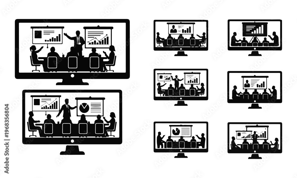 Fototapeta premium Collection of Black Silhouette Illustrations: Online Business Meetings, Video Conferences, and Presentations on Computer Monitors