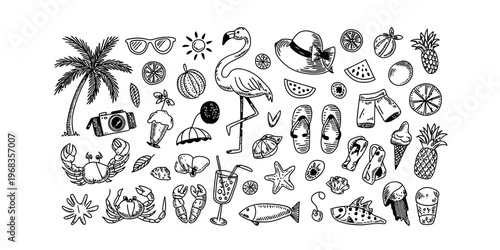A collection of hand drawn summer beach icons featuring tropical elements on a white background Vector, illustration