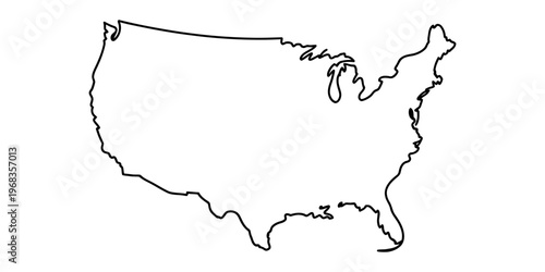 A simple black outline drawing showing the geographic shape of the united states of america map. Vector, illustration