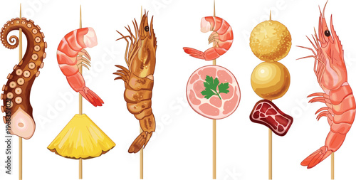Grilled seafood skewers vector set with shrimp octopus meat and fried snacks street food collection isolated on white background for menu and restaurant design