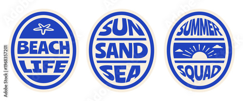 Set of Vintage Summer Beach rounded Badges Vector Illustrations with Quotes, Retro Tropical Vibes Sticker Design for T-Shirt Prints, Poster, Coastal Designs.