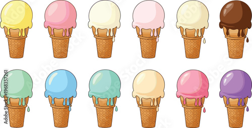 Ice cream cones vector set with colorful melting scoops dessert collection for summer sweets design bakery menu illustration isolated on white background
