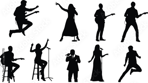 Set of musician and singer silhouettes performing with guitar and microphone, live music concert band collection isolated on white background for entertainment concept