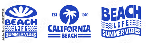 Retro Summer Beach Badges Vector Illustrations, California Beach Logo, Tropical Vacation Vibes Graphic for T-Shirt Print, Posters, Stickers, Coastal Designs