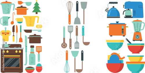 Kitchen cooking equipment vector set with appliances utensils pots pans and tools collection for culinary design illustration isolated on white background
