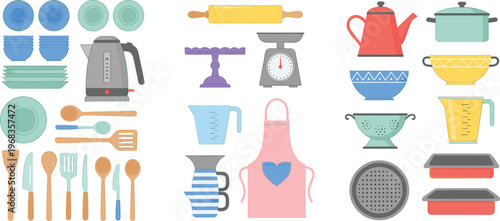 Kitchen utensils and cookware vector set with dishes kettle apron tools and appliances collection for cooking design isolated on white background