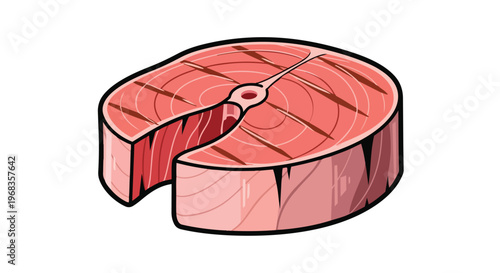 A stylized illustration of a thick, juicy tuna steak with prominent grill marks, presented in a clean graphic style