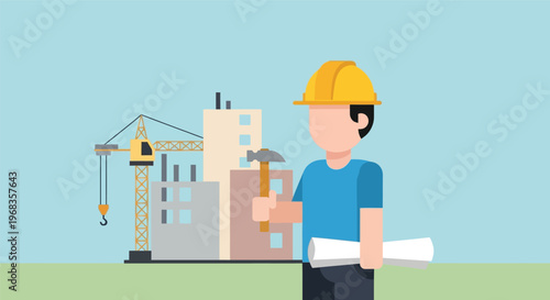 Construction worker holding hammer and blueprint, professional builder at building site with crane, civil engineer vector illustration