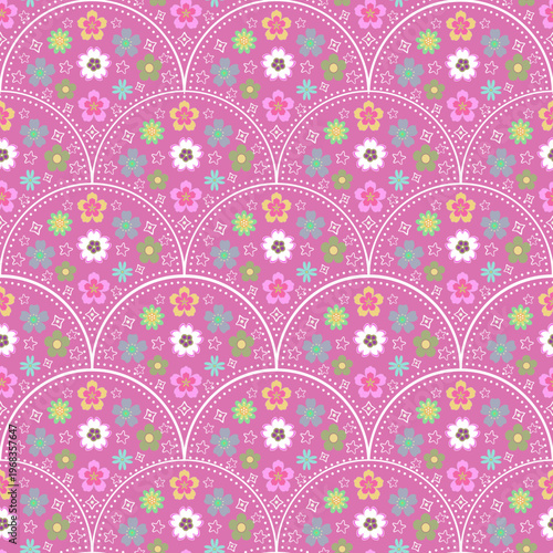 Seamless vintage floral pattern with pink and purple ornate flowers in a decorative damask style for elegant wallpaper or textile design