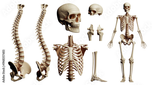 Detailed skeletal remains of a human and various animals arranged together Vector