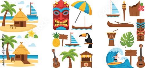 Tropical beach elements vector set with palm trees tiki mask surf wave hut guitar and island vacation collection for summer travel design isolated on white