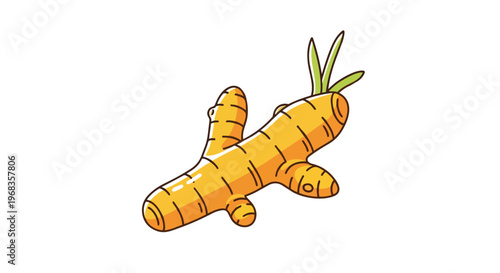 Vibrant Yellow Turmeric Root with Fresh Green Shoots Depicted in a Cheerful Cartoon Style