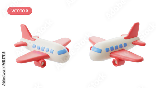 Two colorful toy airplanes with red and white branding flying side by side Vector
