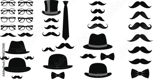 Vintage gentleman accessories vector set with hats mustaches glasses bow ties and necktie classic retro style elements isolated on white background