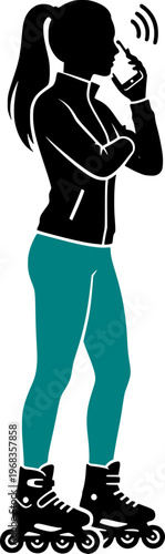 Silhouette of a young woman on inline skates talking on her smartphone. Girl in sportswear rollerblading and using mobile phone. Active lifestyle and modern communication vector.