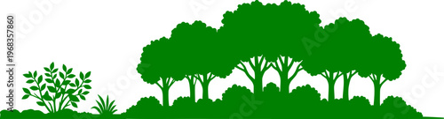 Green forest silhouette with trees, bushes and grass. Panoramic nature landscape vector illustration. Ecology, environment and woodland vegetation banner design.