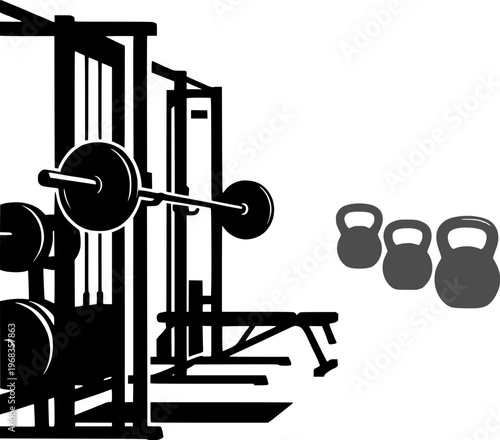Gym interior with heavy weightlifting equipment. Vector silhouette of barbell rack, bench press, and kettlebells. Fitness center, bodybuilding, and strength training concept.