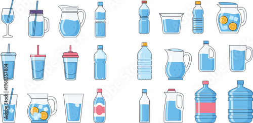 Water bottles and drink containers vector set with glasses jugs and reusable cups collection for hydration design beverage illustration isolated on white