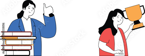 A person giving a thumbs-up while another proudly holds an award trophy in celebration of achievement and success