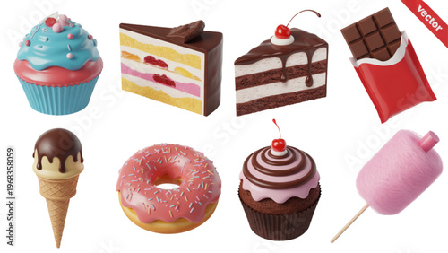 Assorted colorful desserts including ice cream, cakes, and pastries Vector