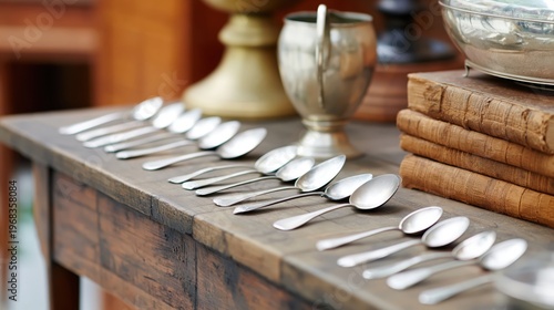 Row of vintage silver spoons neatly arranged on a rustic wooden table at an antique market.