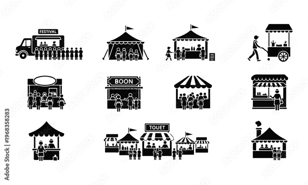 Fototapeta premium Black Silhouette Market Stall, Food Truck, and Fair Booth Icons Vector Set
