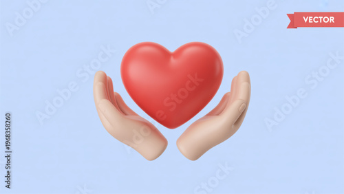 Hands gently holding a vibrant red heart symbolizing love and care Vector
