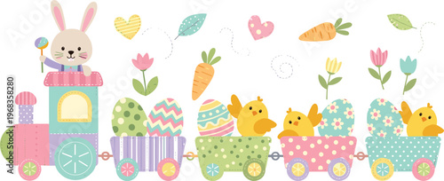 Cute Easter Bunny Train with Chicks, Eggs, Flowers, and Carrots in Pastel Cartoon Style for Spring Holiday Designs