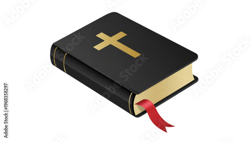 Closed black bible with a red ribbon bookmark and a golden cross emblem on the cover Vector