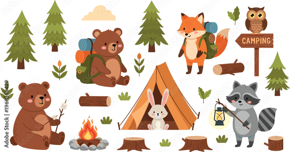 Fototapeta premium Cute Woodland Camping Animals Clipart Set with Bear, Fox, Bunny, Raccoon, Tent, Campfire, Trees, and Forest Adventure Elements