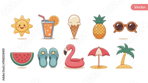 Colorful tropical fruits and beach accessories set with vibrant summer theme Vector