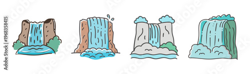 Illustrations of majestic waterfalls in a natural landscape setting.