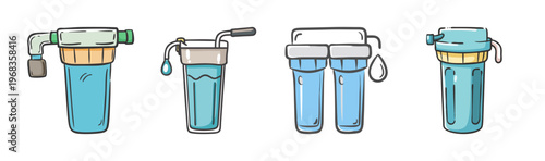 Set of hand-drawn water filter devices with dripping water for clean water.