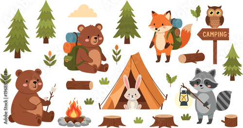 Cute Woodland Camping Animals Clipart Set with Bear, Fox, Bunny, Raccoon, Tent, Campfire, Trees, and Forest Adventure Elements