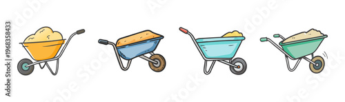 Four colorful wheelbarrows filled with sand, illustrated in a simple, cartoon style.