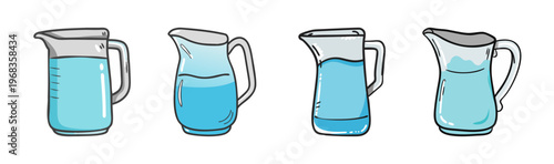 Hand-drawn cartoon water pitchers filled with clear blue liquid, beverage containers.