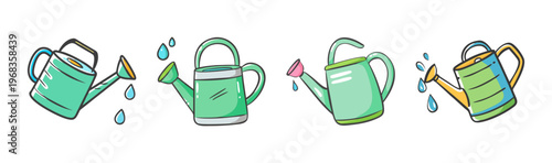 Collection of four watering cans with water droplets for garden irrigation.