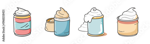 Four cans of whipped cream, sweet dessert topping and baking ingredient