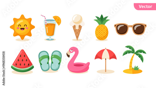 Collection of summer-themed icons featuring fruits, animals, and beach accessories Vector