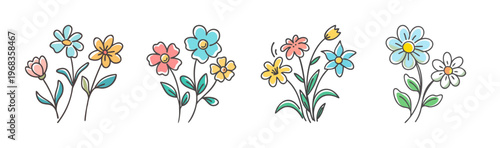 Colorful hand-drawn wildflowers in small bouquets, representing nature's beauty and spring.