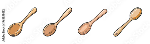 Four cartoon wooden spoons in different shades of brown, ideal for cooking